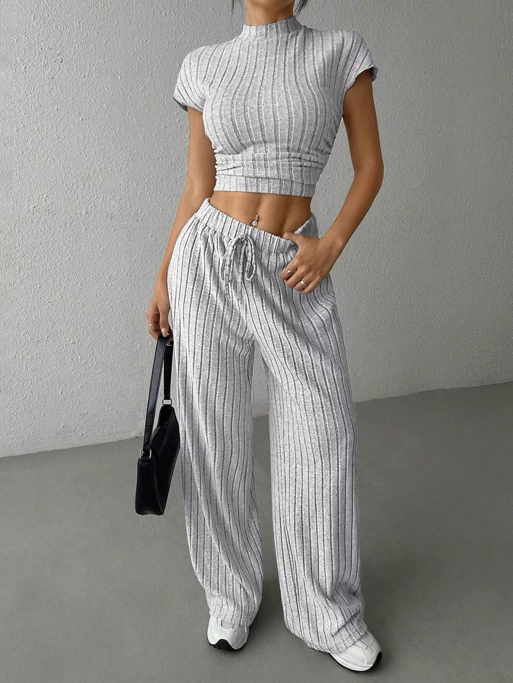 Ribbed Knit Top and Wide Leg Pants Set