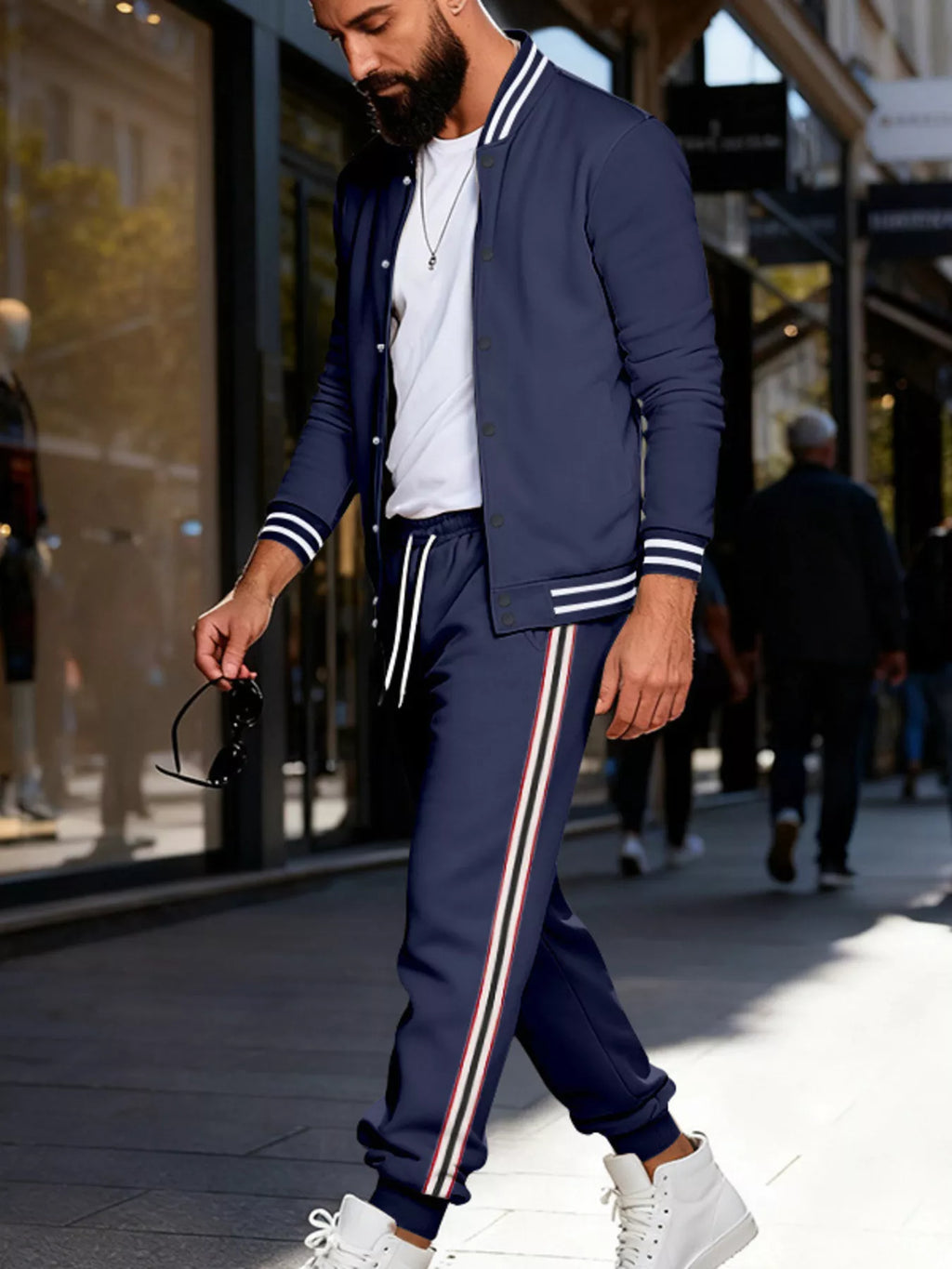 Men's Full Size Striped Snap Down Top and Pants Set Plus Size