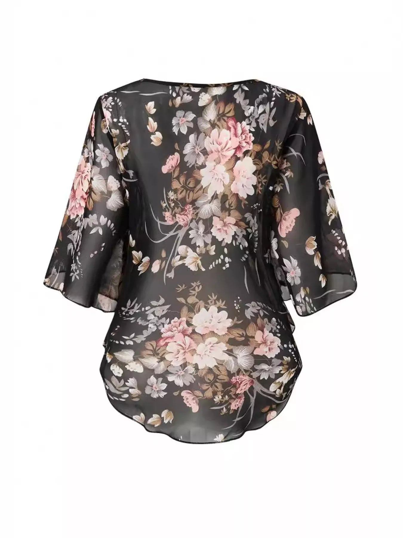 Sheer Floral Print Round Neck Blouse
