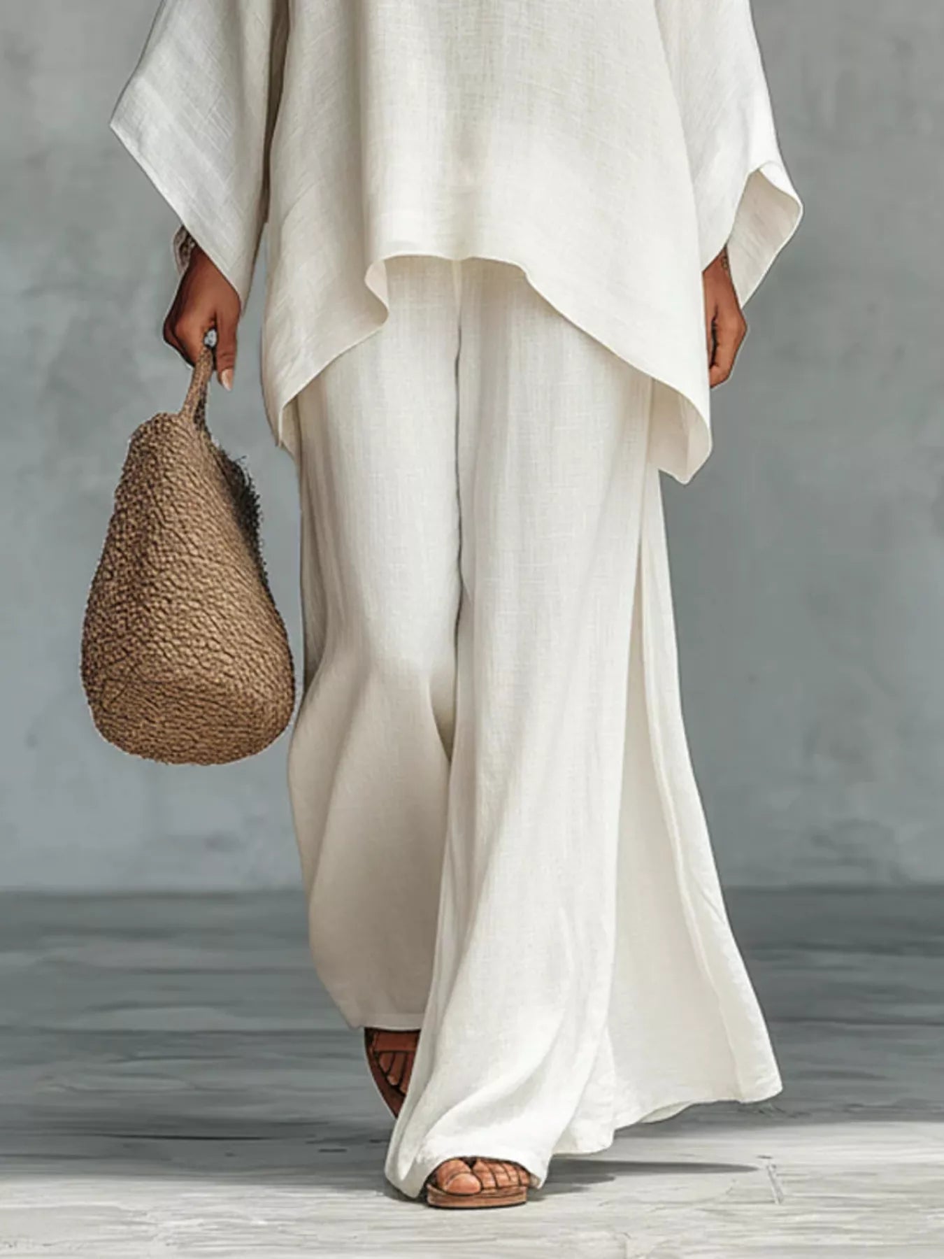 Solid Color Long Sleeve Top and Wide Leg Pants Set