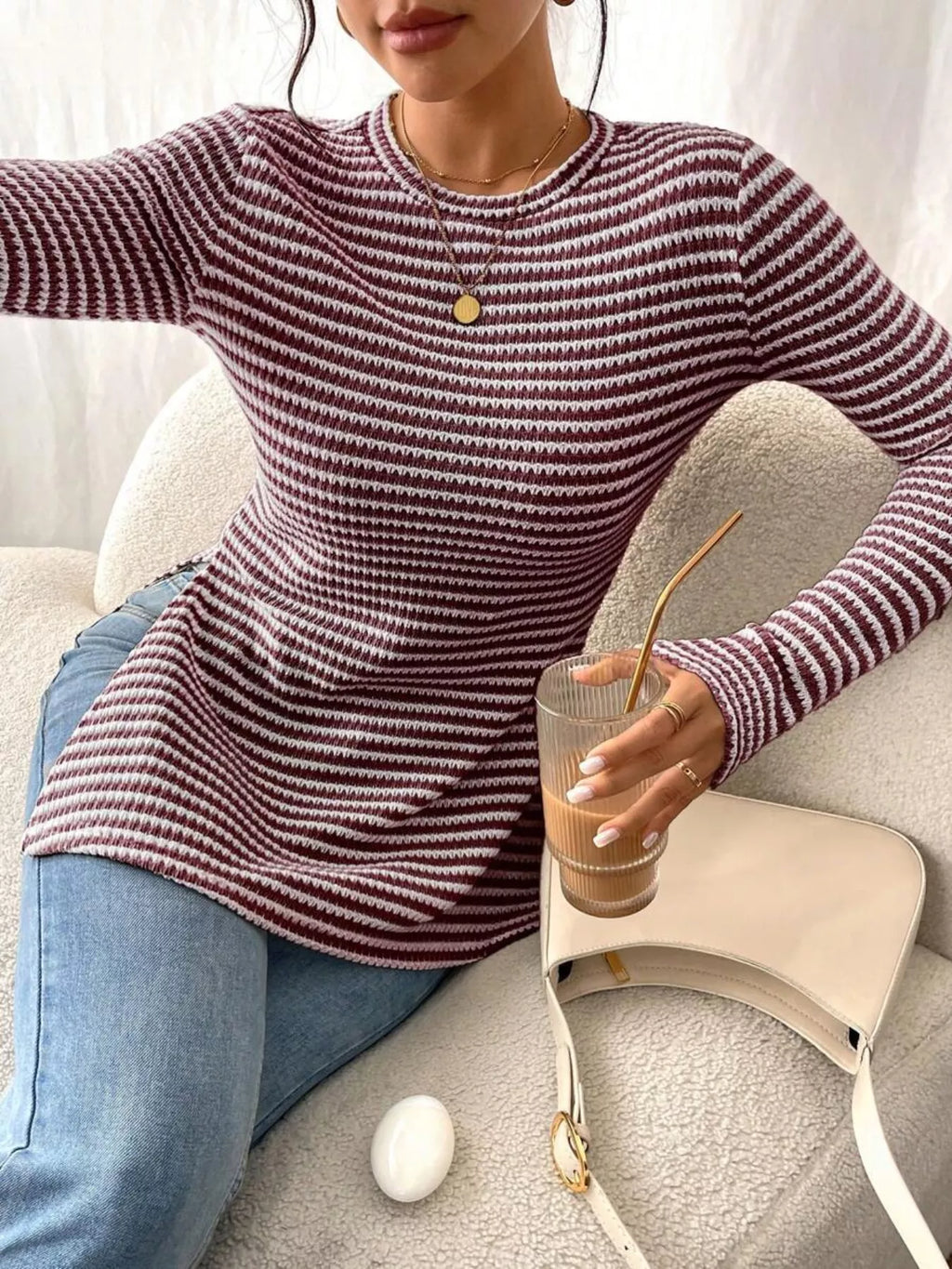 Slit Striped Long Sleeve Casual T-Shirt