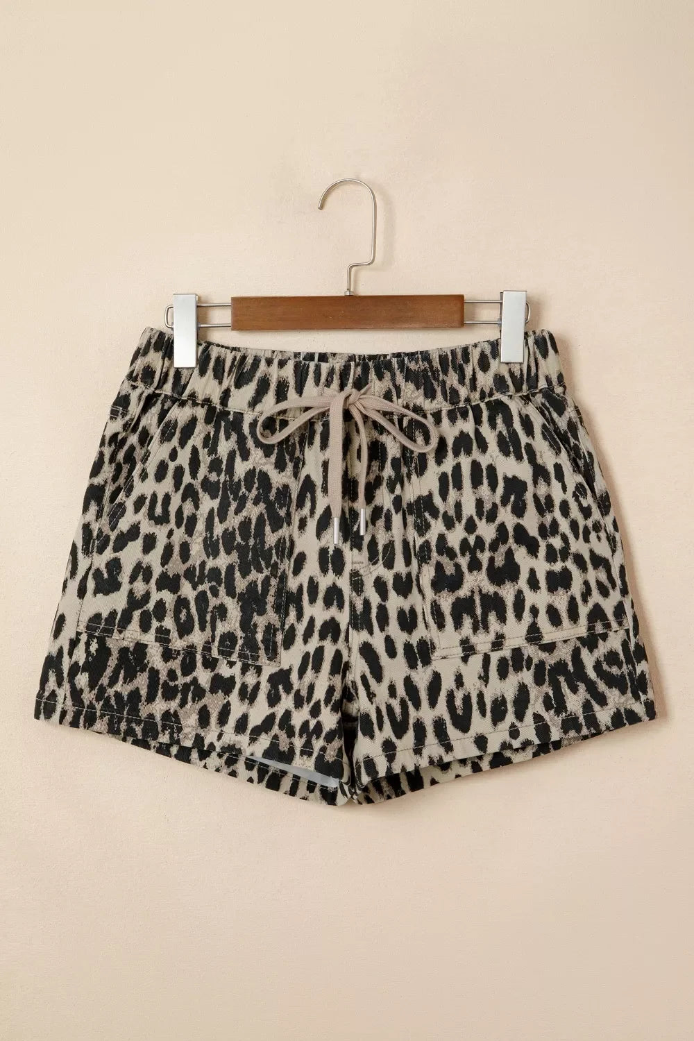 Leopard Print Lace-up Elastic Waistband Mid Rise Denim Shorts