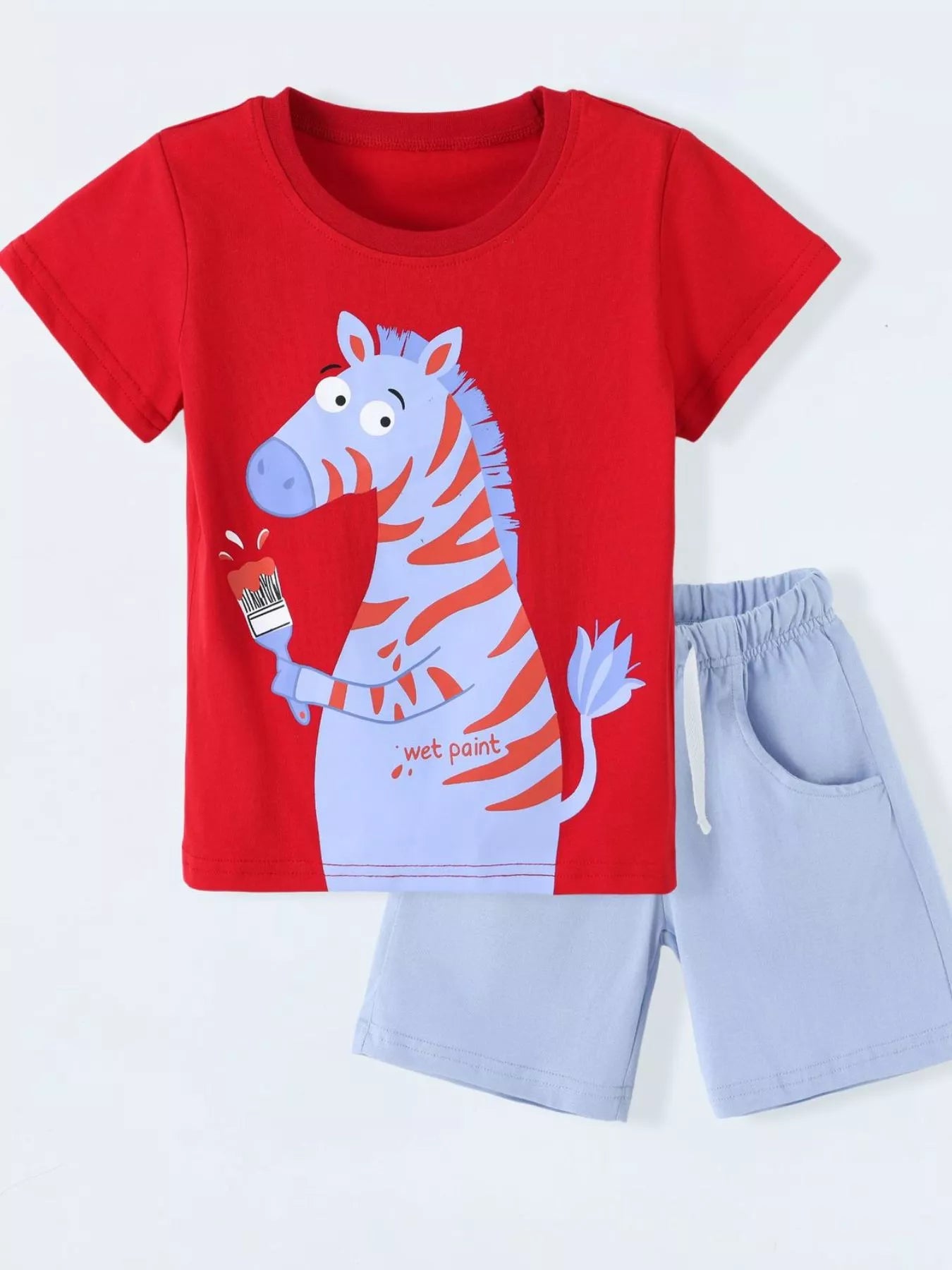 Children's Zebra Graphic Round Neck T-Shirt and Shorts Set