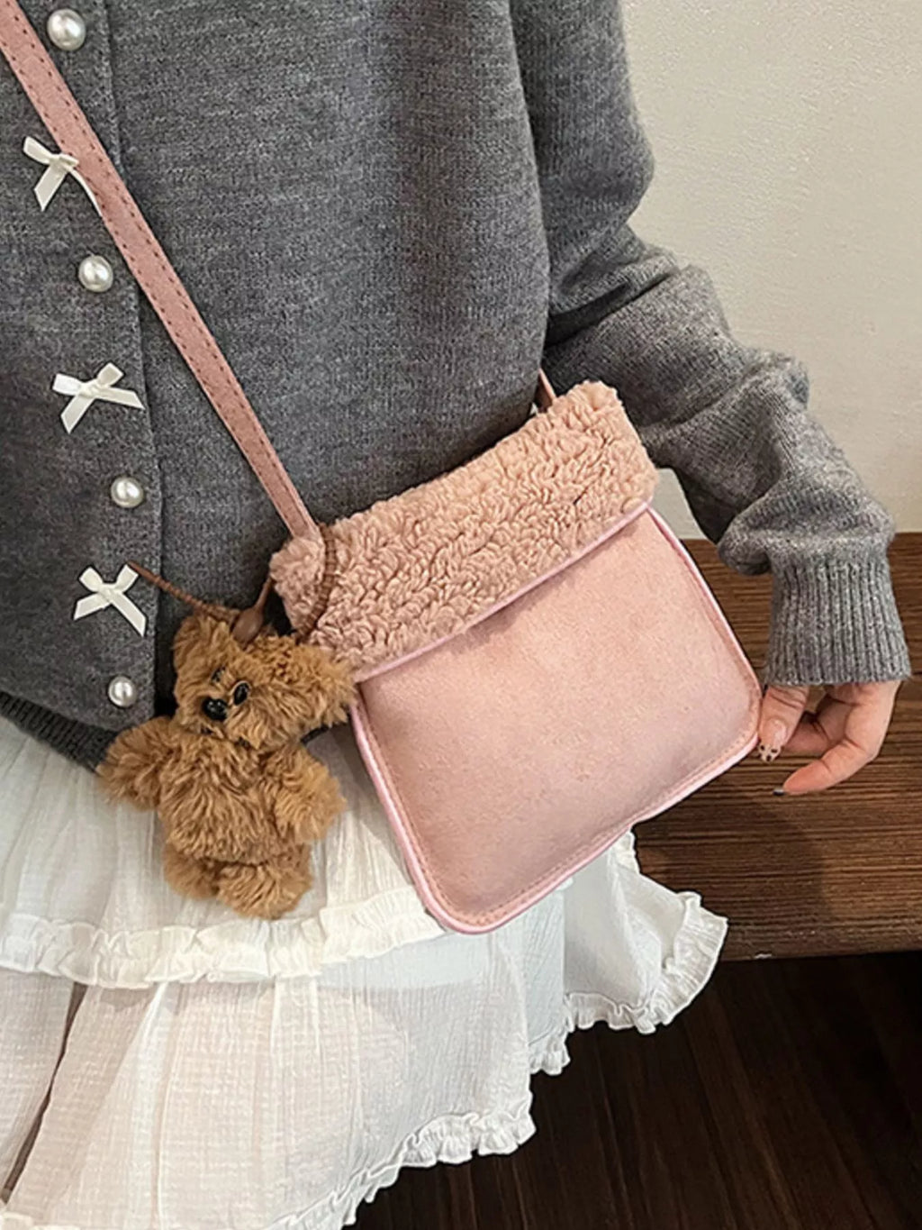 Teddy Bear Charm Plush Trim Crossbody Bag