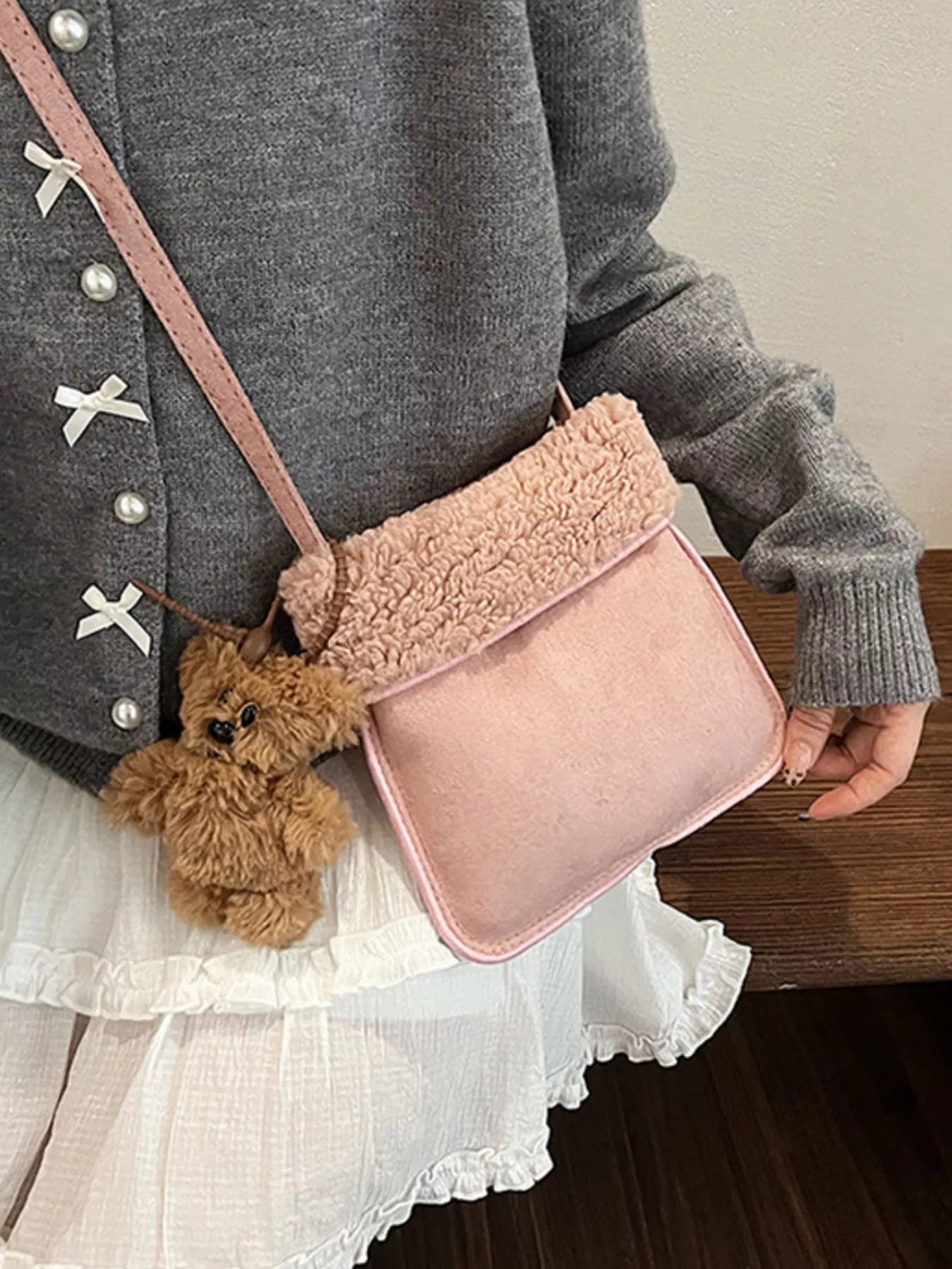 Teddy Bear Charm Plush Trim Crossbody Bag