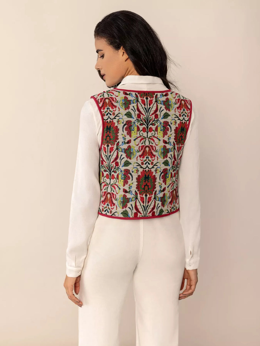 Floral Embroidered Tie-Front Vest Coat