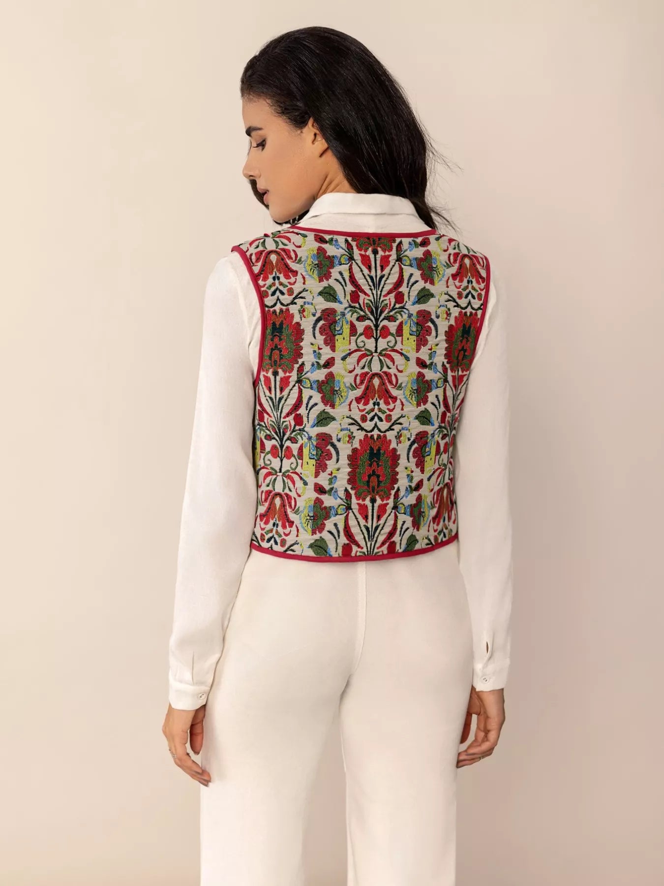 Floral Embroidered Tie-Front Vest Coat