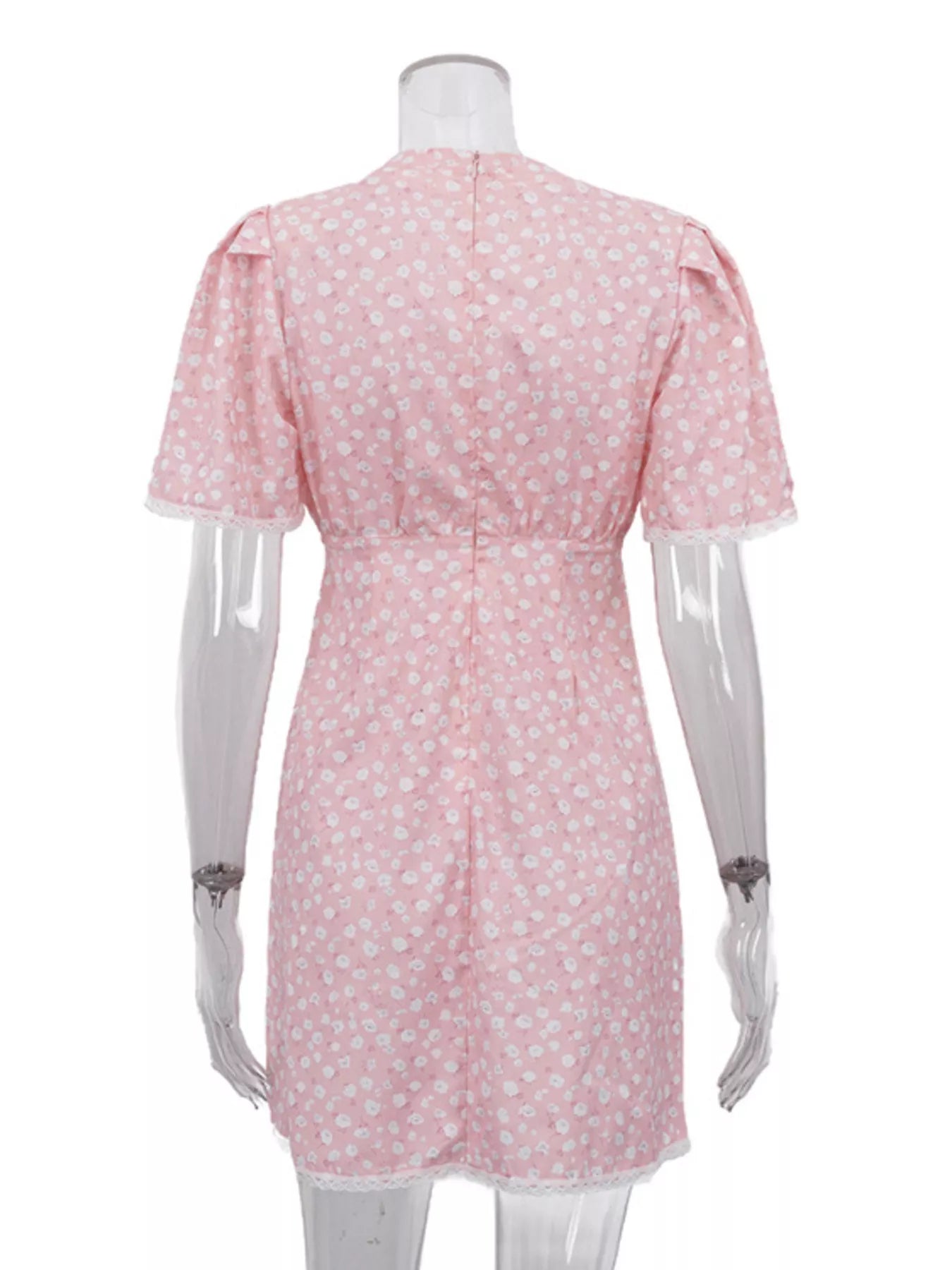 V-Neck Puff Sleeve Mini Dress with Lace Trim