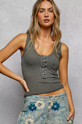 POL Lace Trim Tank with Front Button Closure
