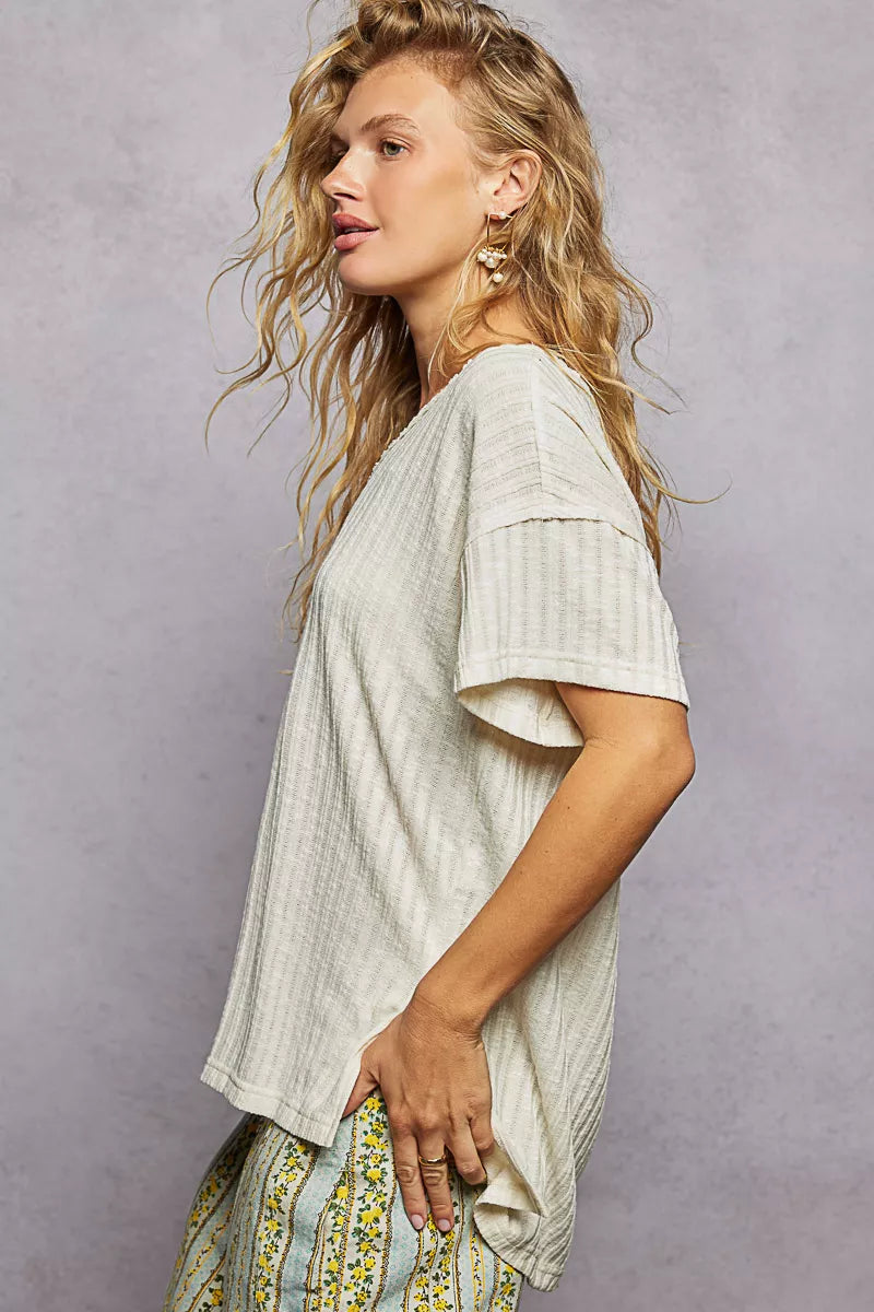 POL Ribbed Knit V-Neck Short Sleeve T-Shirt with Side Slit