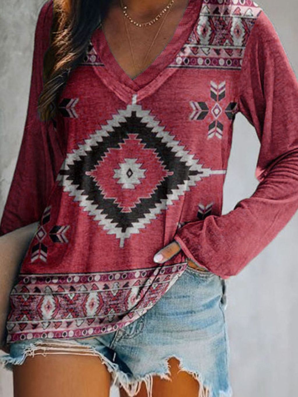Full Size Geometric V-Neck Long Sleeve T-Shirt Plus Size