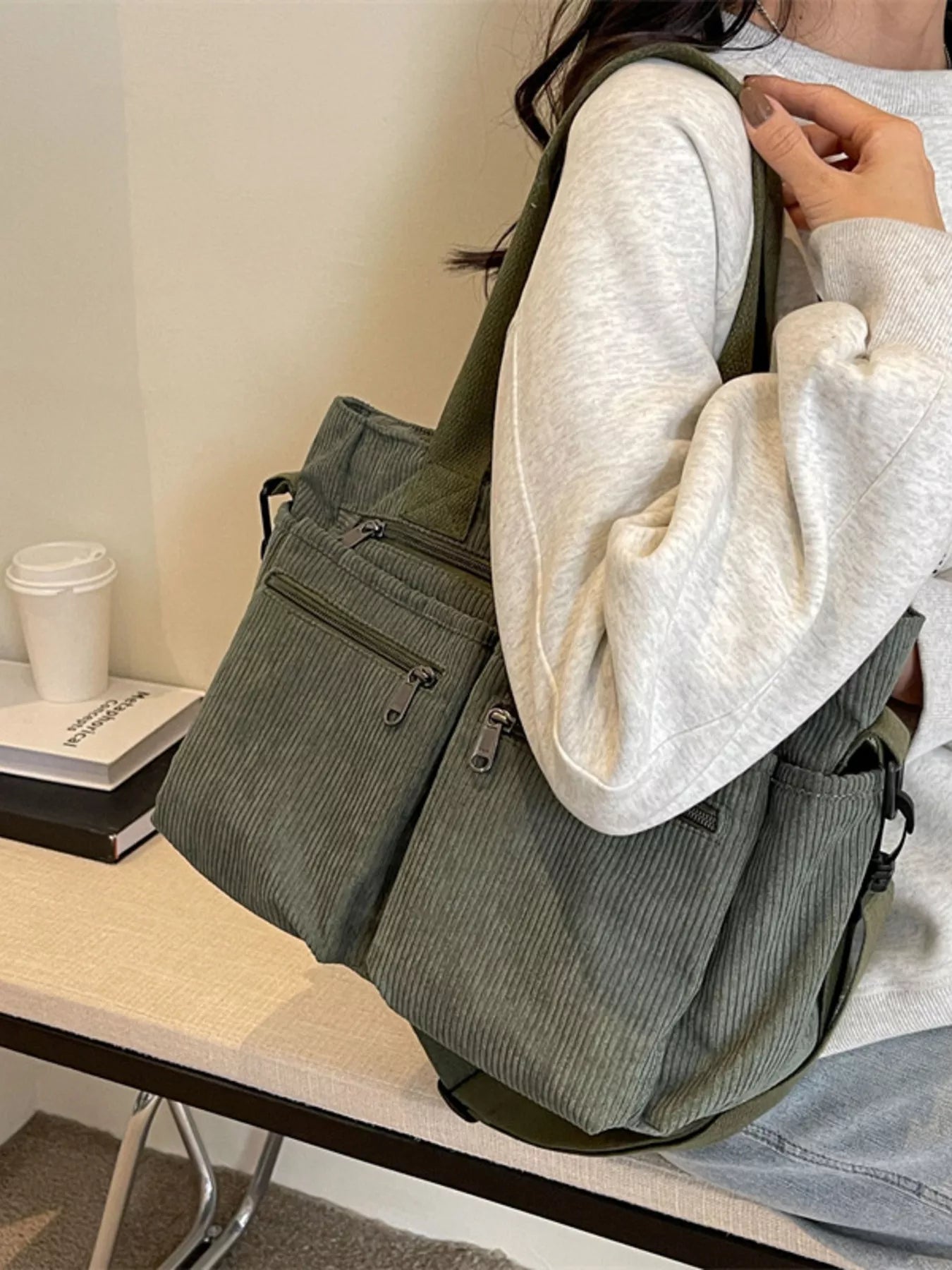 Corduroy Multi-Pocket Crossbody Bag