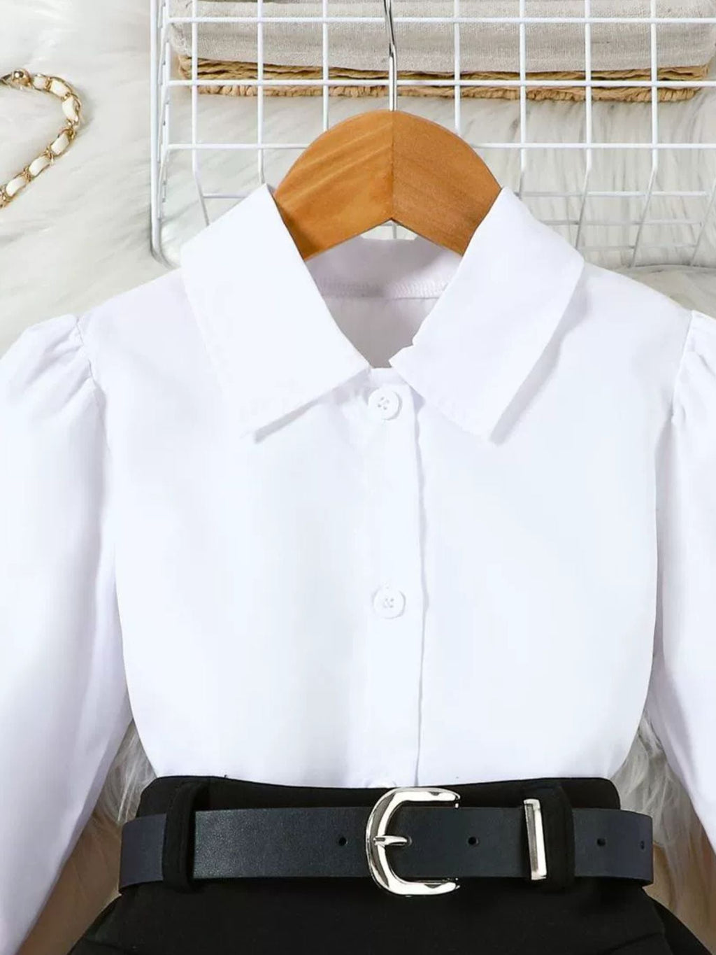 Children's Long Sleeve Shirt & Pleated Skirt Set with Belt