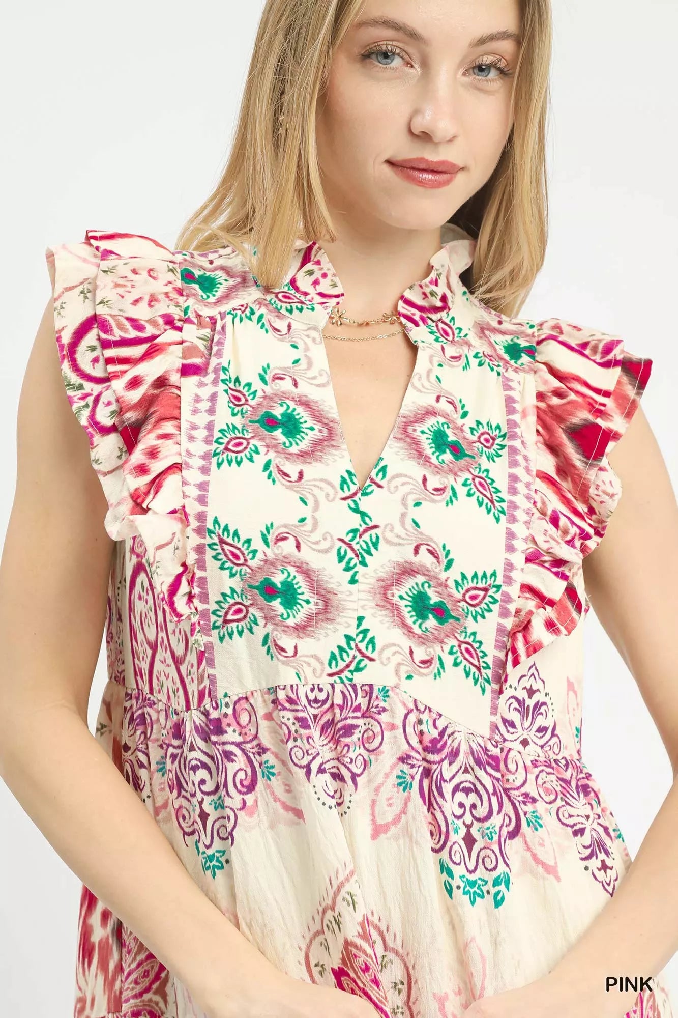 Umgee Boho Boarder Print Ruffle Midi Dress