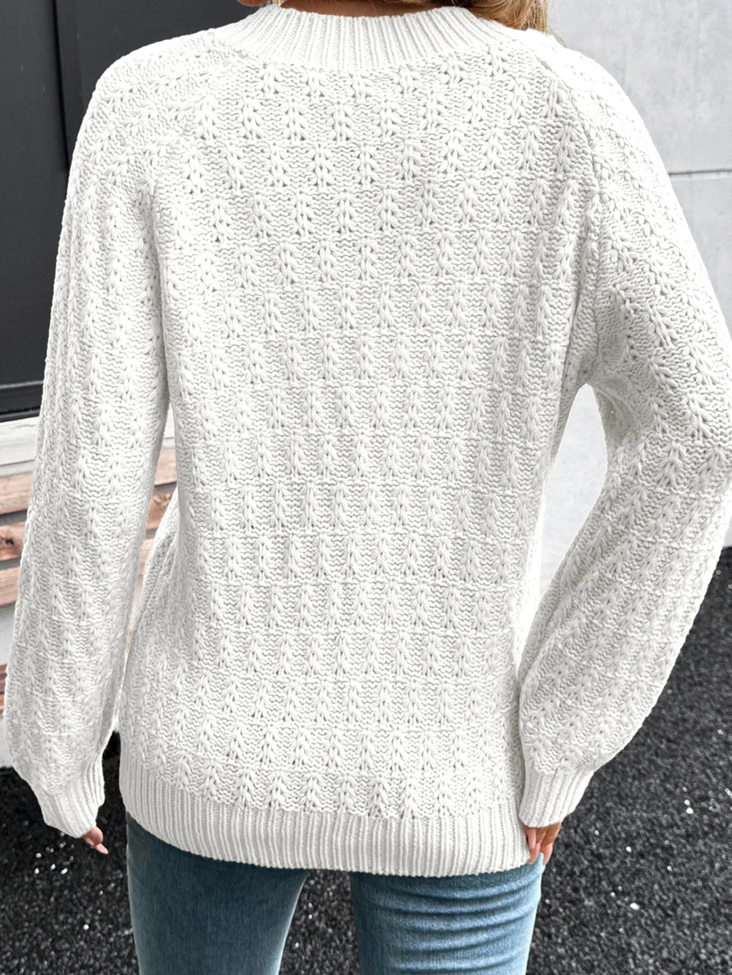 Textured Knit Ribbed Edge V Neck Loose Sweater