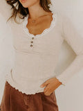 Lace Neckline Button Decor Lettuce Edge Long Sleeve Ribbed Top