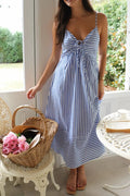 Smocked Back Striped Sleeveless Midi Dress