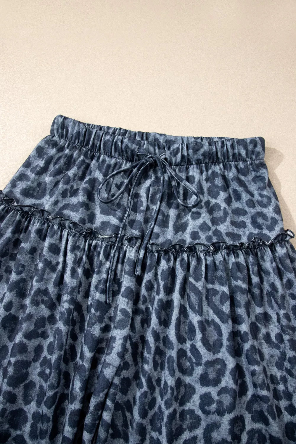 Leopard Print Frilled Detail Drawstring Wide Leg Pants