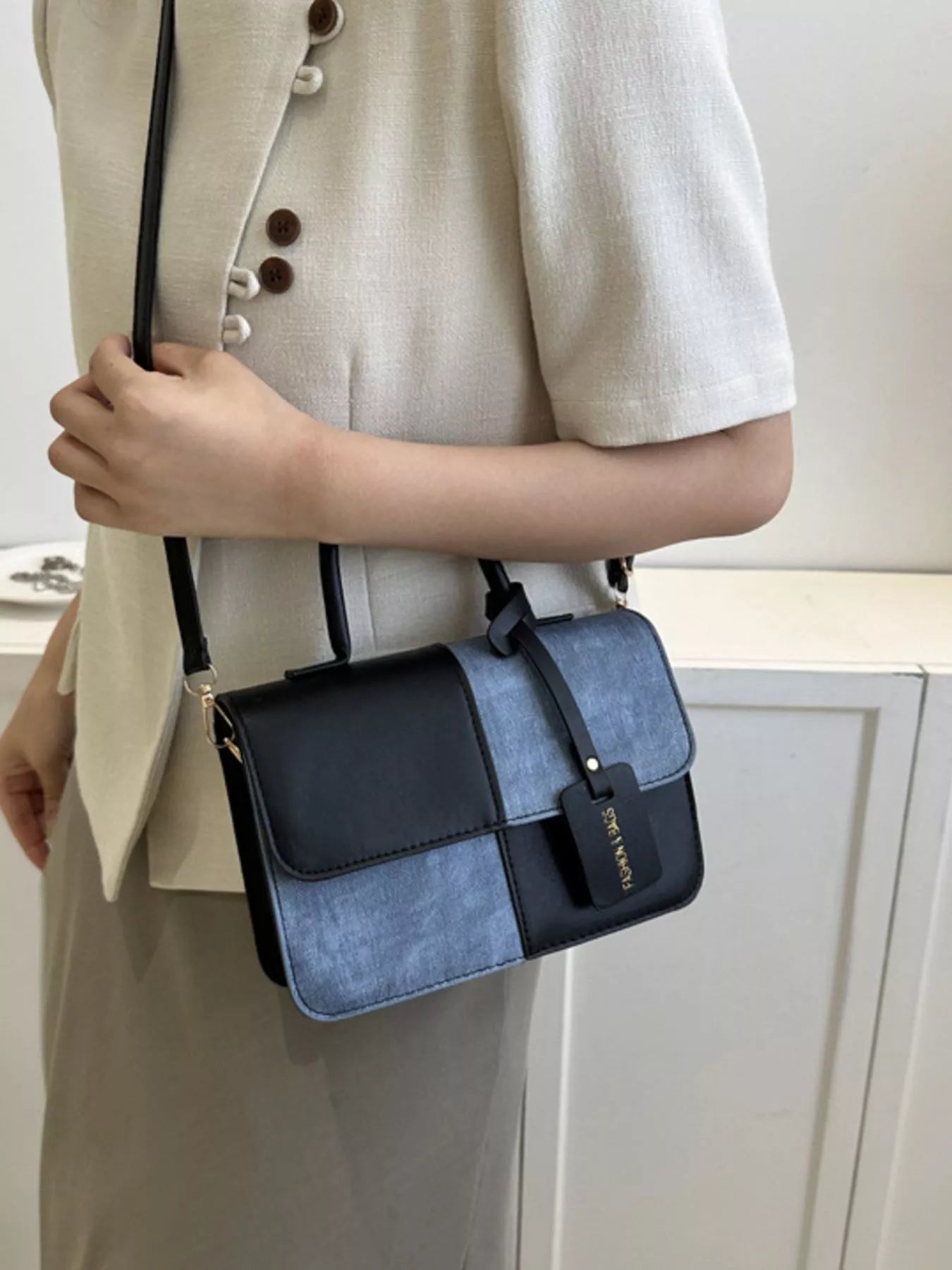 Two-Tone PU Leather Crossbody Bag