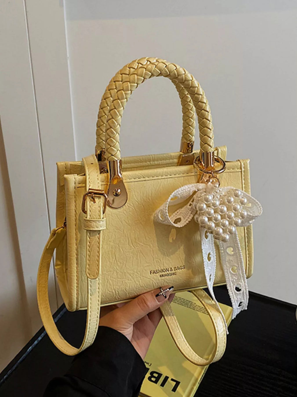 Braided Handle Pearl Decor Crossbody Bag