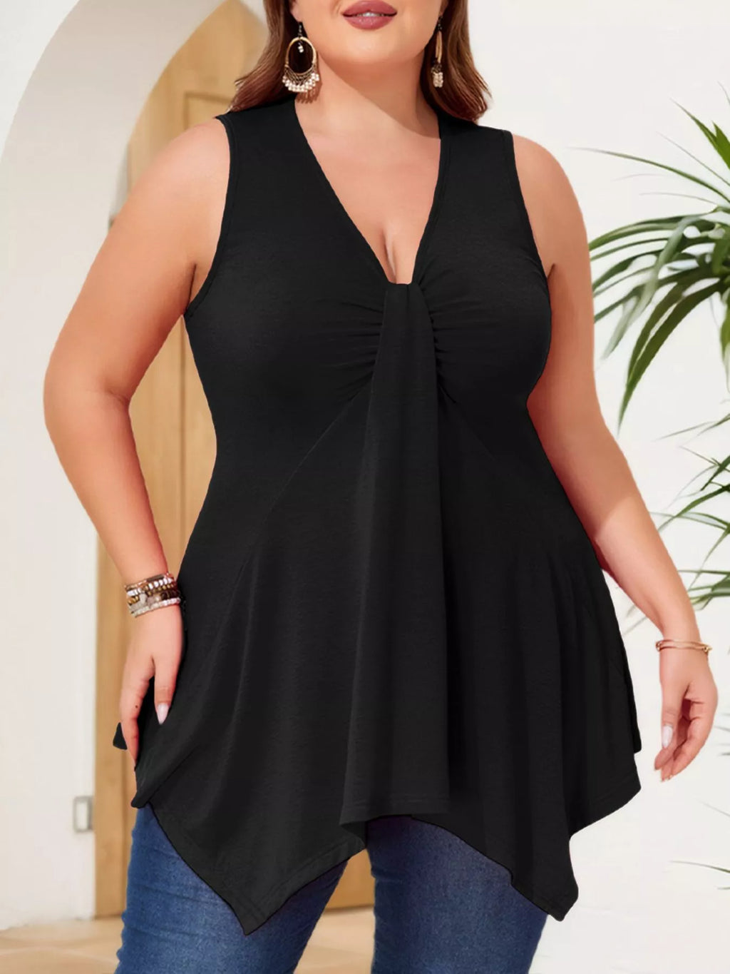 Plus Size V-Neck Ruched Flowy Tank
