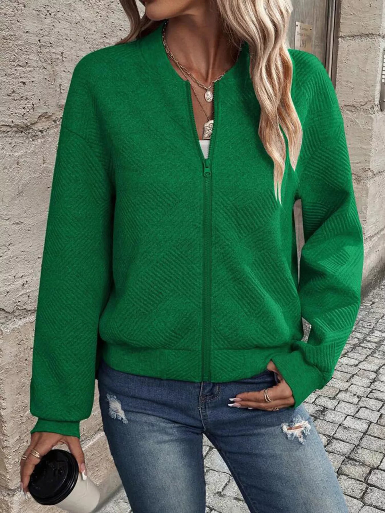 Zip-Up Textured Long Sleeve Jacket
