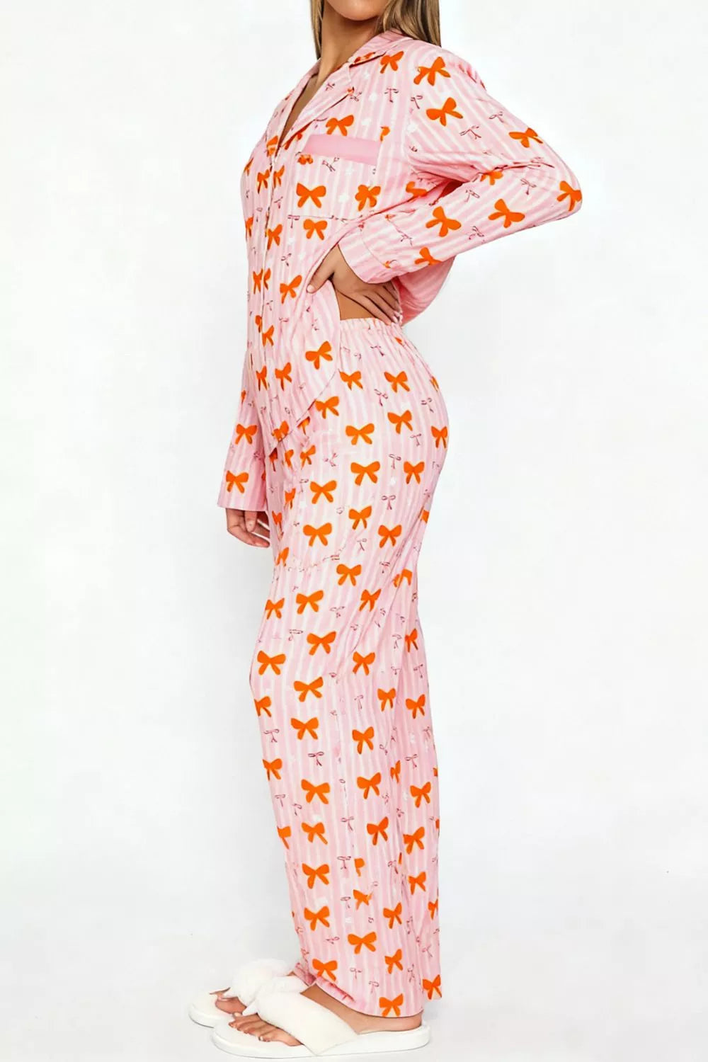 Bow Print Top and Wide Leg Pants Lounge Set