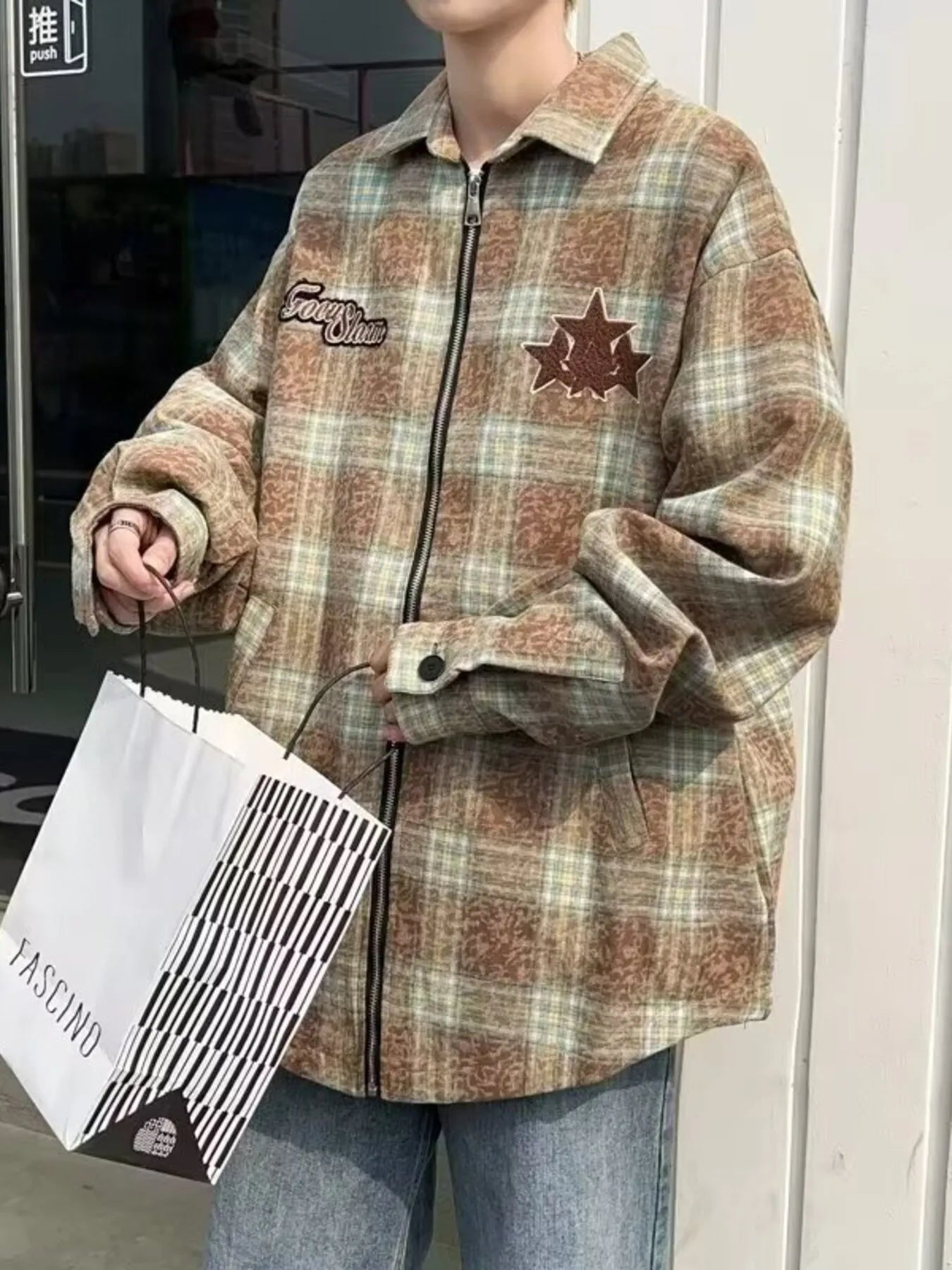 Men's Plaid Zip Up Long Sleeve Jacket