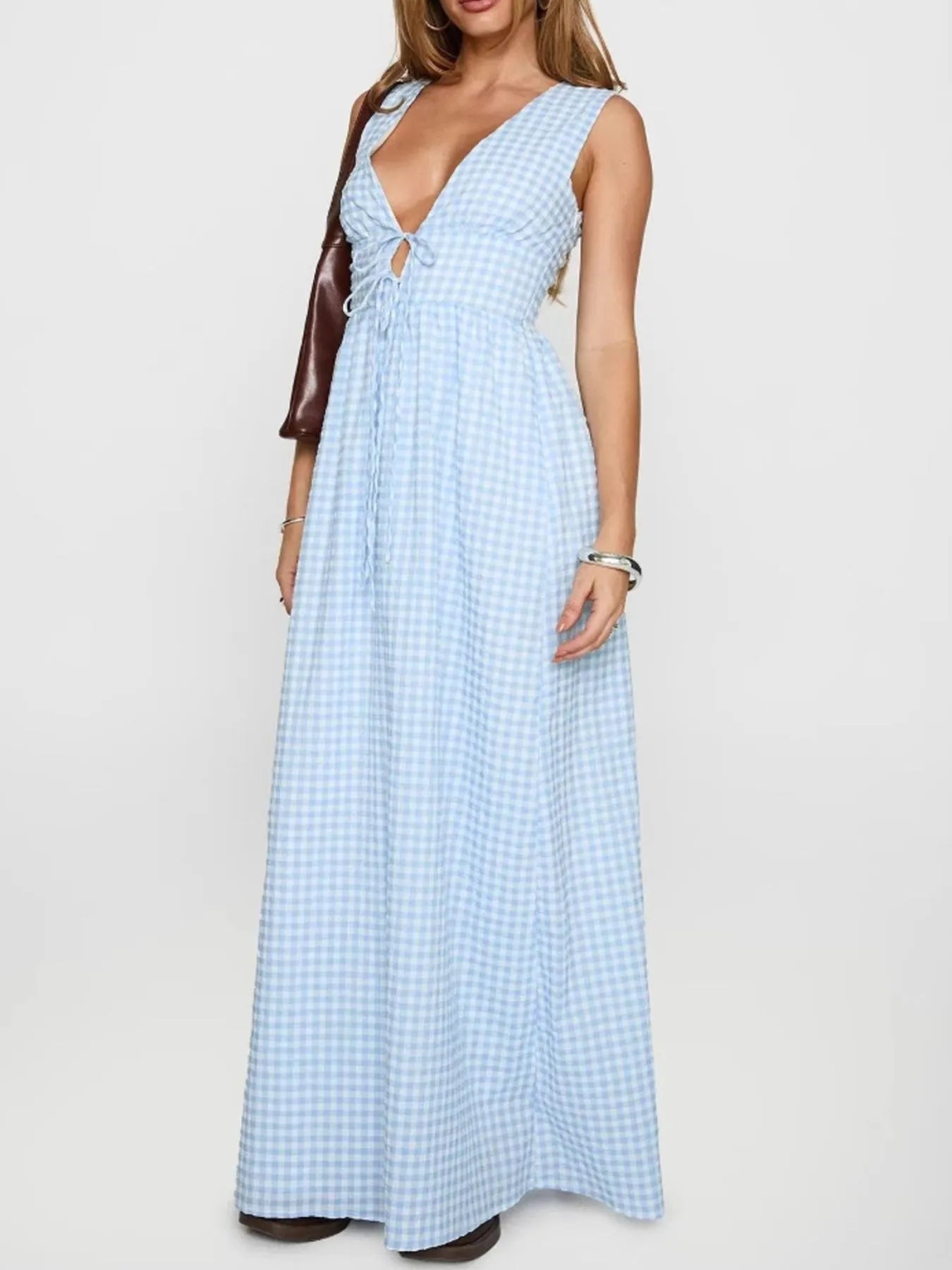 Plaid Tie Front Sleeveless Maxi Dress