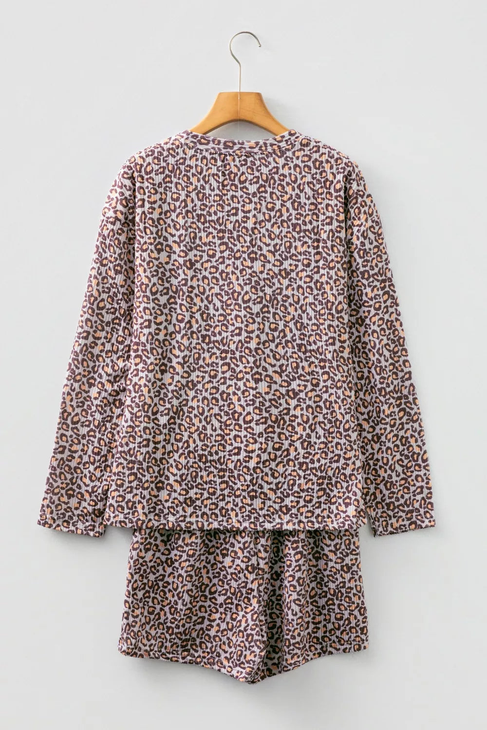 Leopard Ribbed Long Sleeve Top Drawstring Shorts 2pcs Outfit