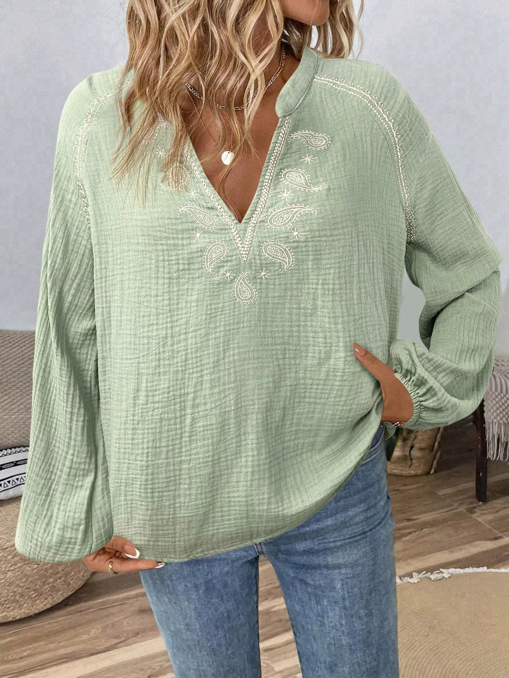 Paisley Notched Balloon Sleeve Blouse