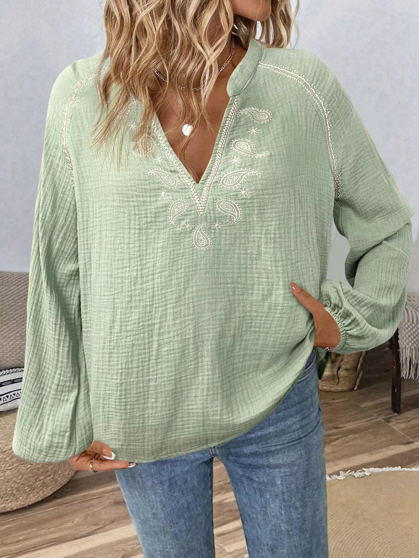 Paisley Notched Balloon Sleeve Blouse