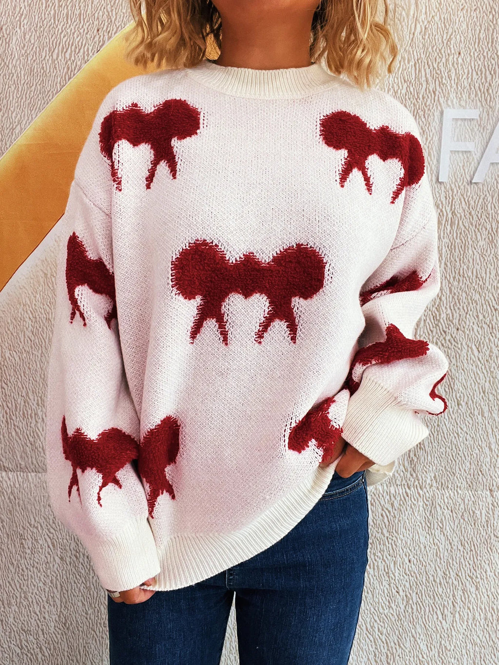Bow Pattern Round Neck Sweater