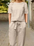 Full Size Round Neck Short Sleeve Top and Pants Set Plus Size