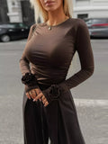 Ruched Long Sleeve T-Shirt with Floral Cuff Detail