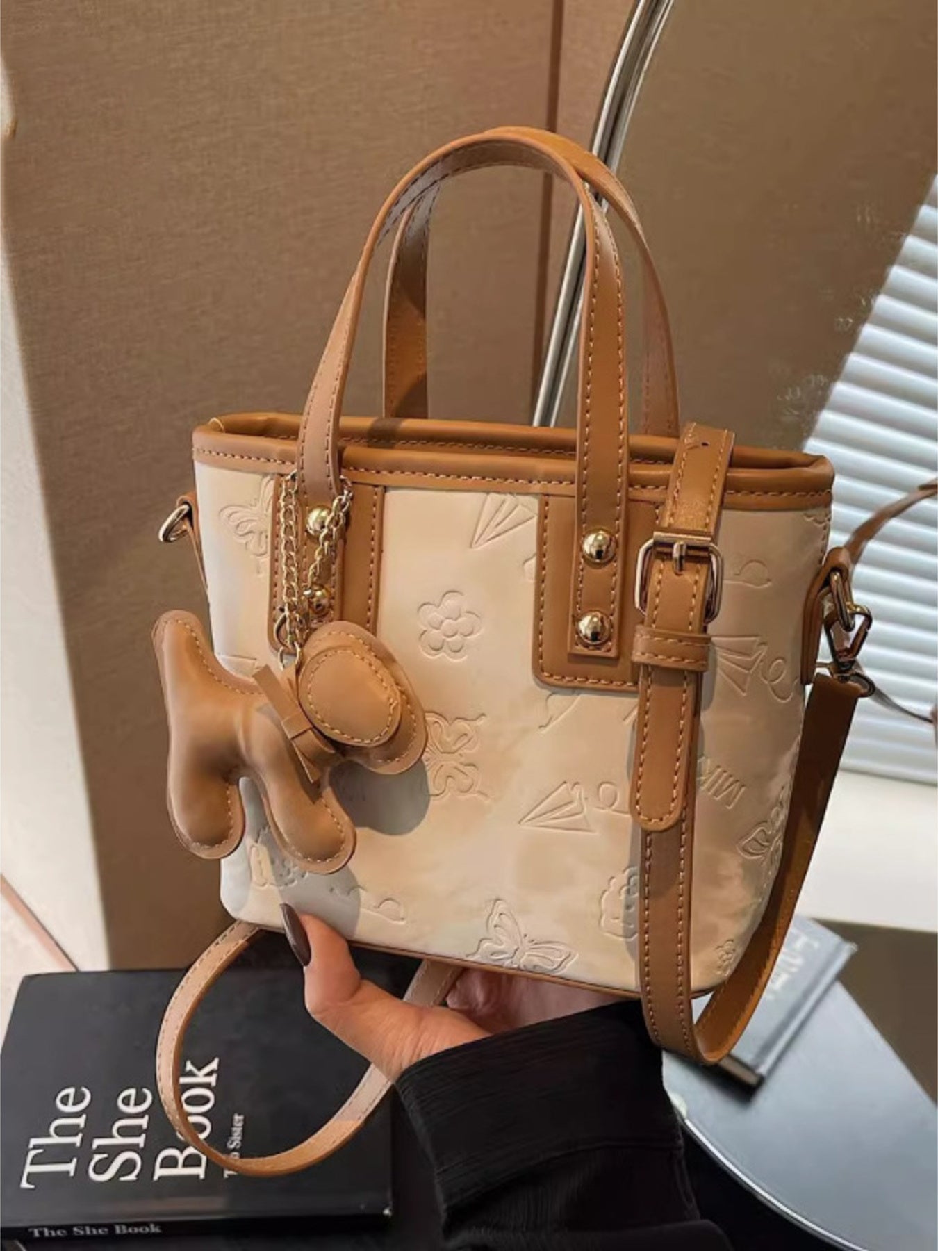 Embossed Pattern Crossbody Bag with Dog Charm