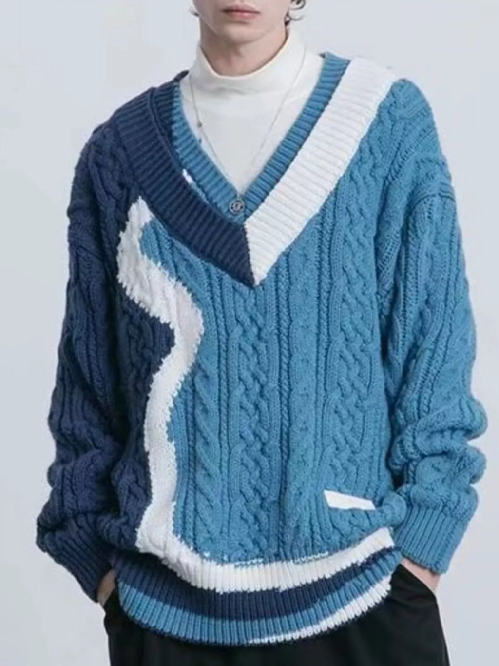 Men's Color Block Cable Knit V-Neck Sweater