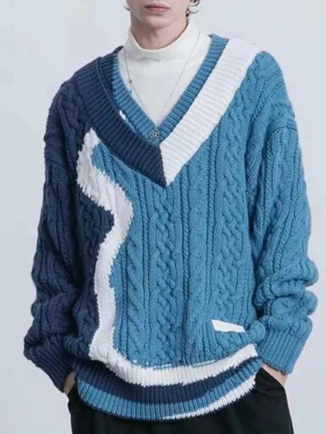 Men's Color Block Cable Knit V-Neck Sweater