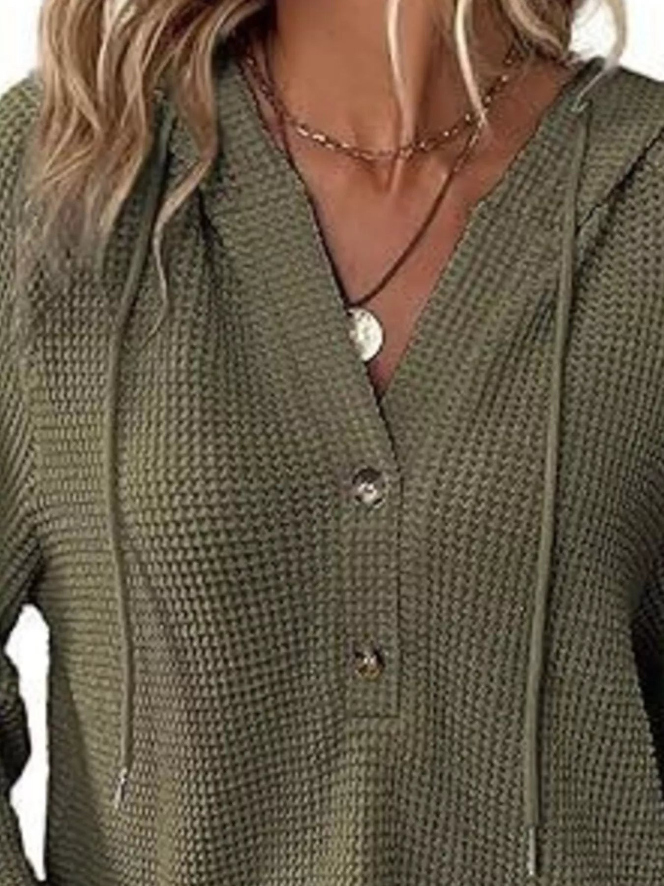 Full Size Button Detail Waffle Knit Hoodie Plus Size