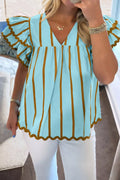 Stripe Ricrac Trim Double Ruffled Short Sleeve V Neck Blouse