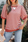 Striped Puff Sleeve Casual T-Shirt