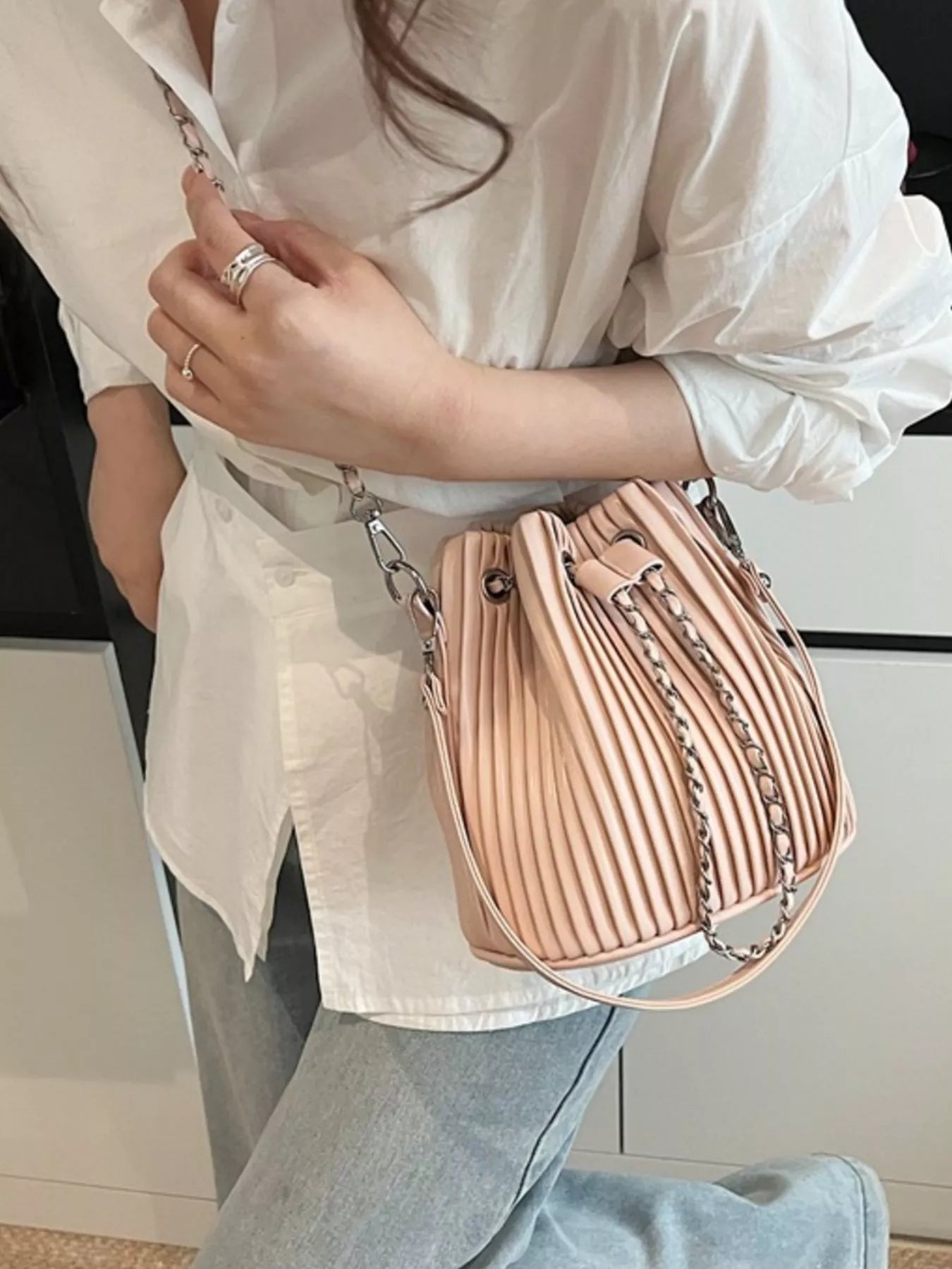 Pleated Bucket Crossbody Bag