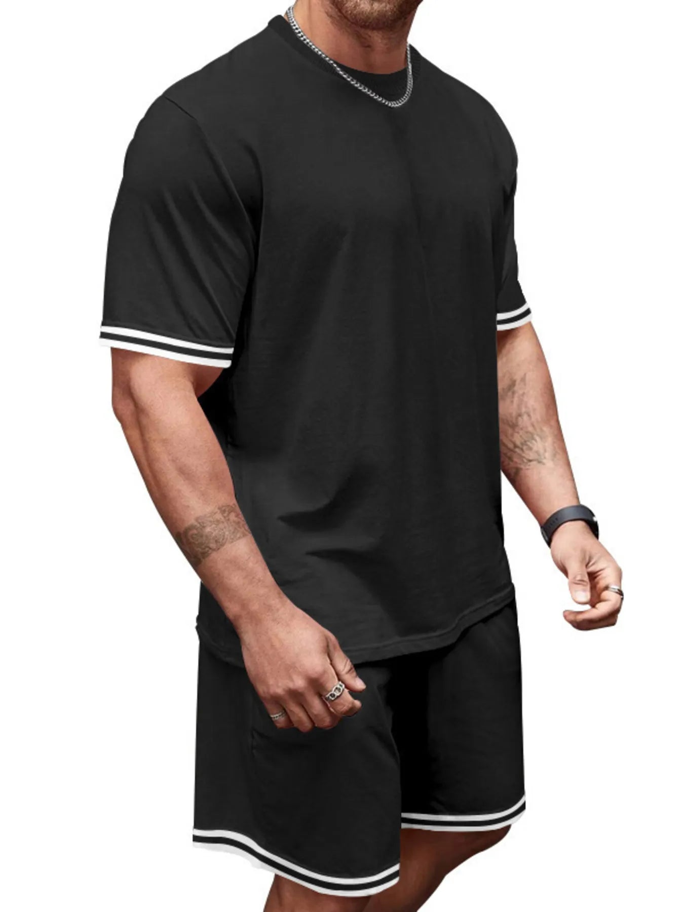 Men's Full Size Striped Short Sleeve Tee and Shorts Set Plus Size