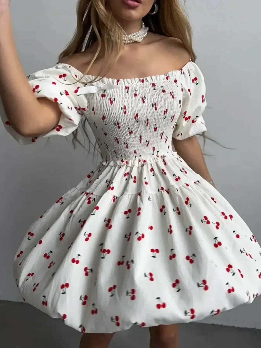 Puff Sleeve Cherry Print Smocked Mini Dress