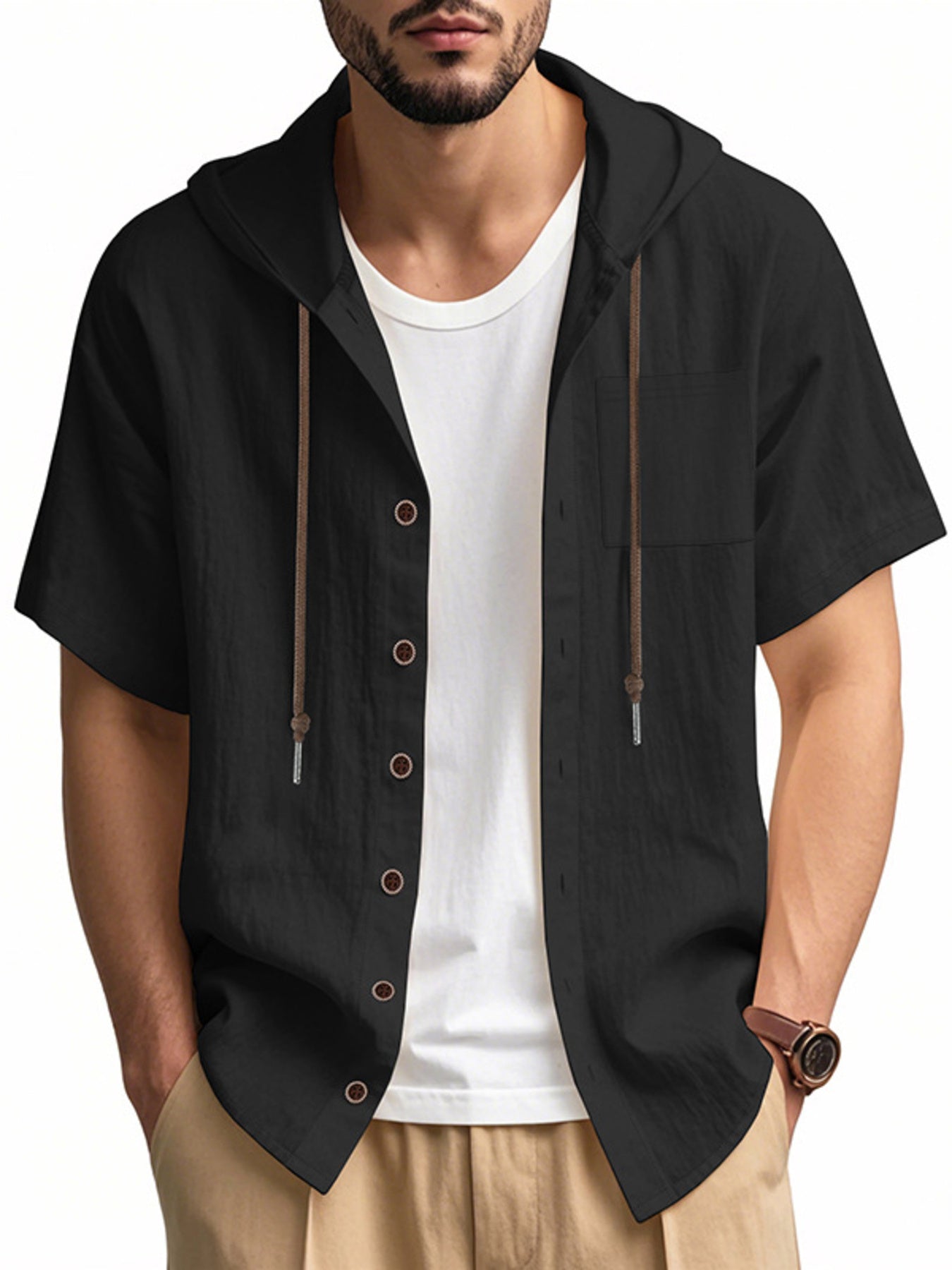 Men's Full Size Casual Hooded Short-Sleeve Shirt Plus Size
