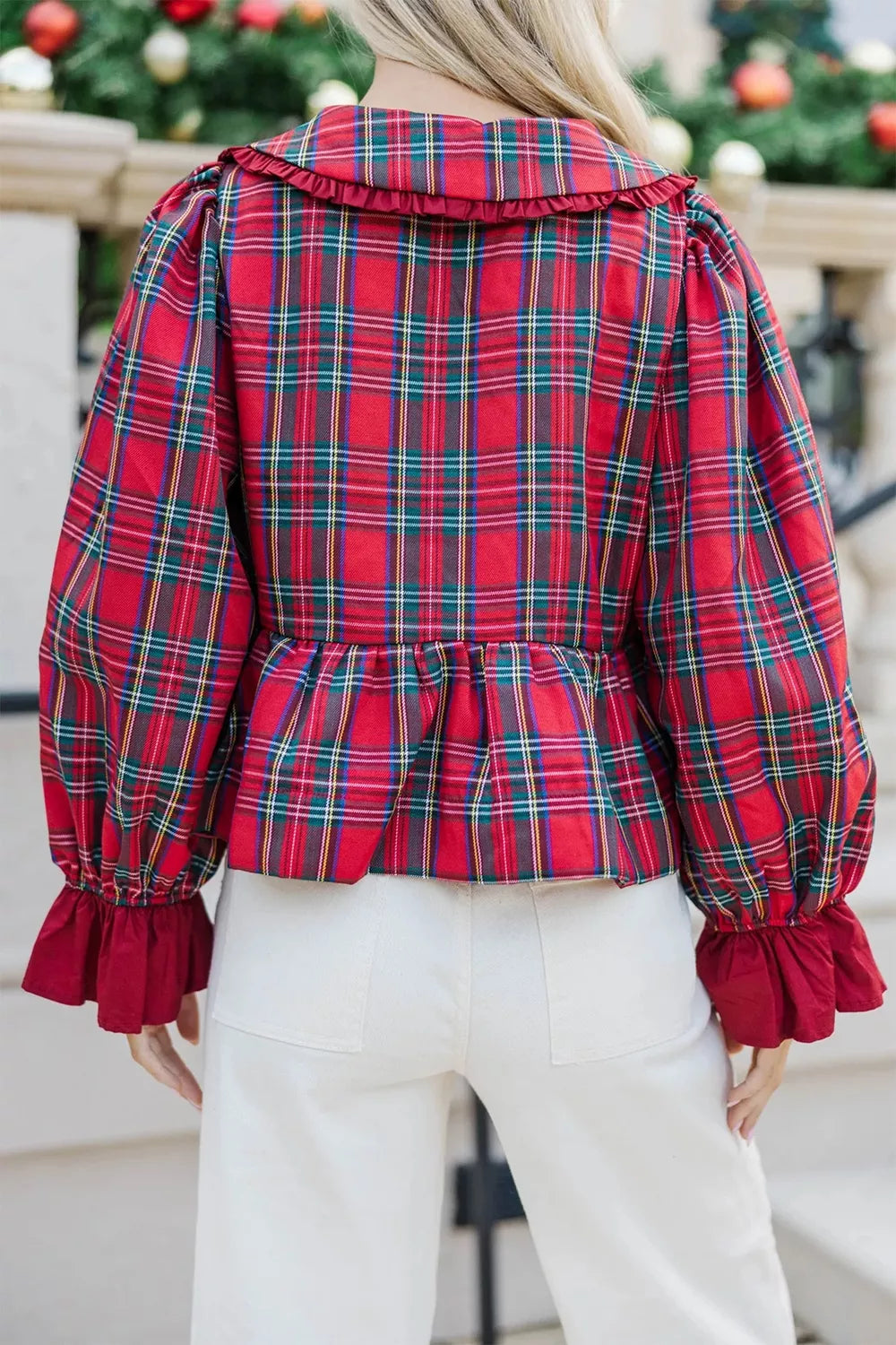 Plaid Tie Neck Ruffle Cuffs Long Sleeve Shift Blouse