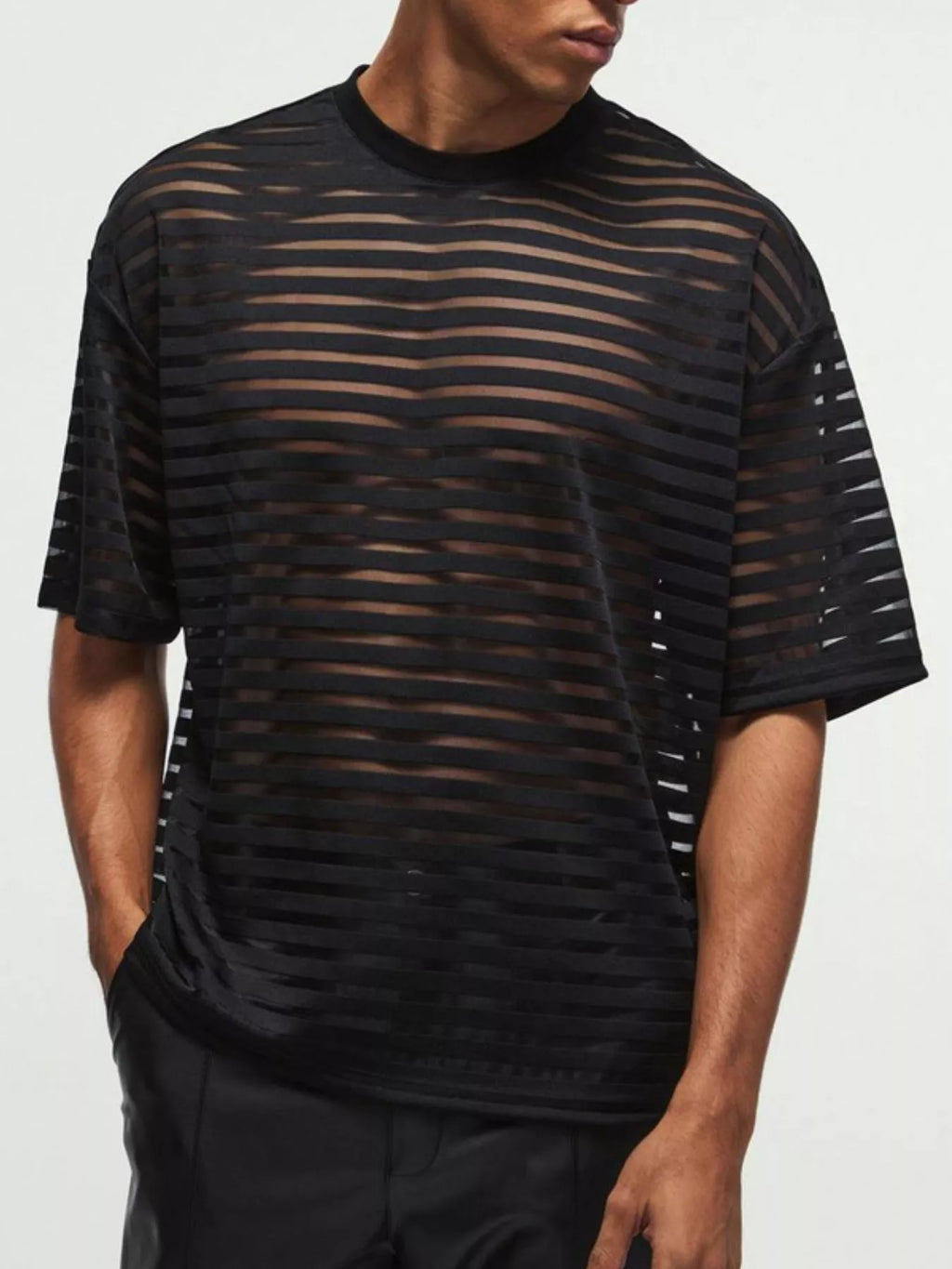 Men's Full Size Sheer Striped Round Neck T-Shirt Plus Size