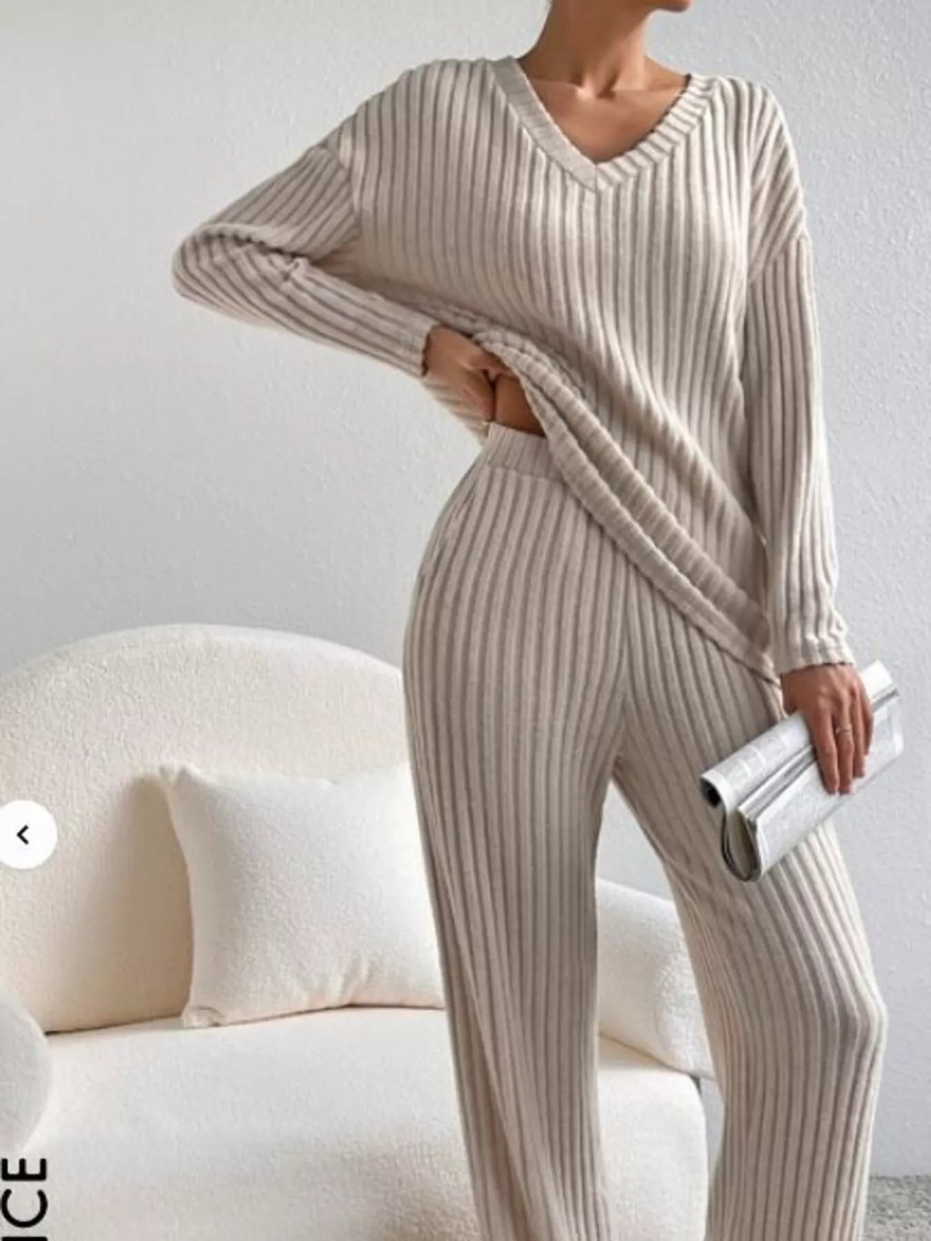 Ribbed Knit V-Neck Top and Pants Set