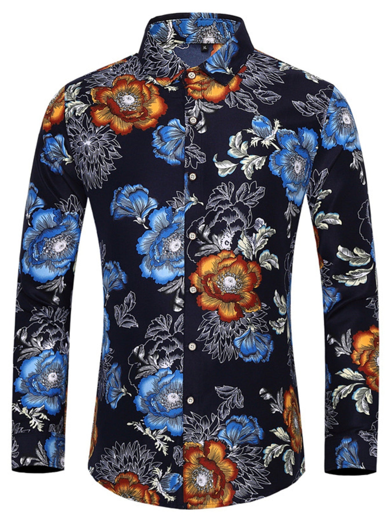 Men's Plus Size Floral Print Long Sleeve Button-Down Shirt
