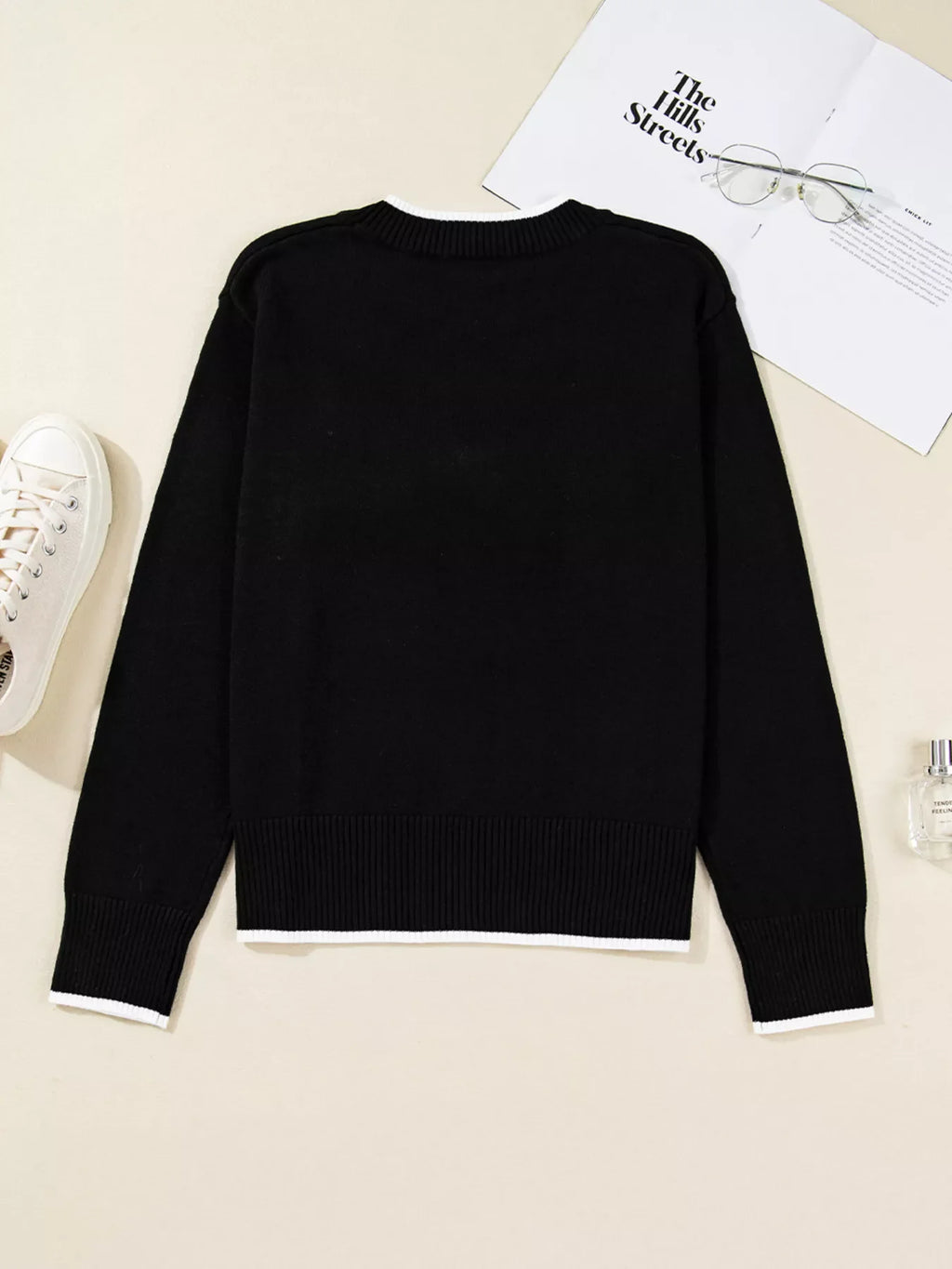 Contrast Trim Bow Accent Holiday Cropped Sweater